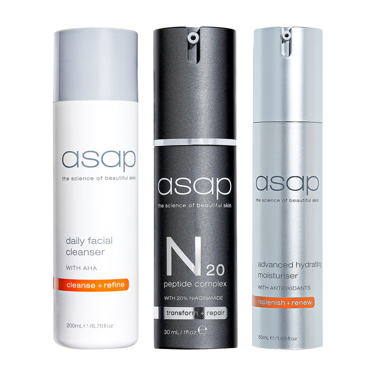 asap Daily Facial Cleanser 200ml + N20 Peptide Complex 30ml + Advanced Hydrating Moisturiser 50ml Trio