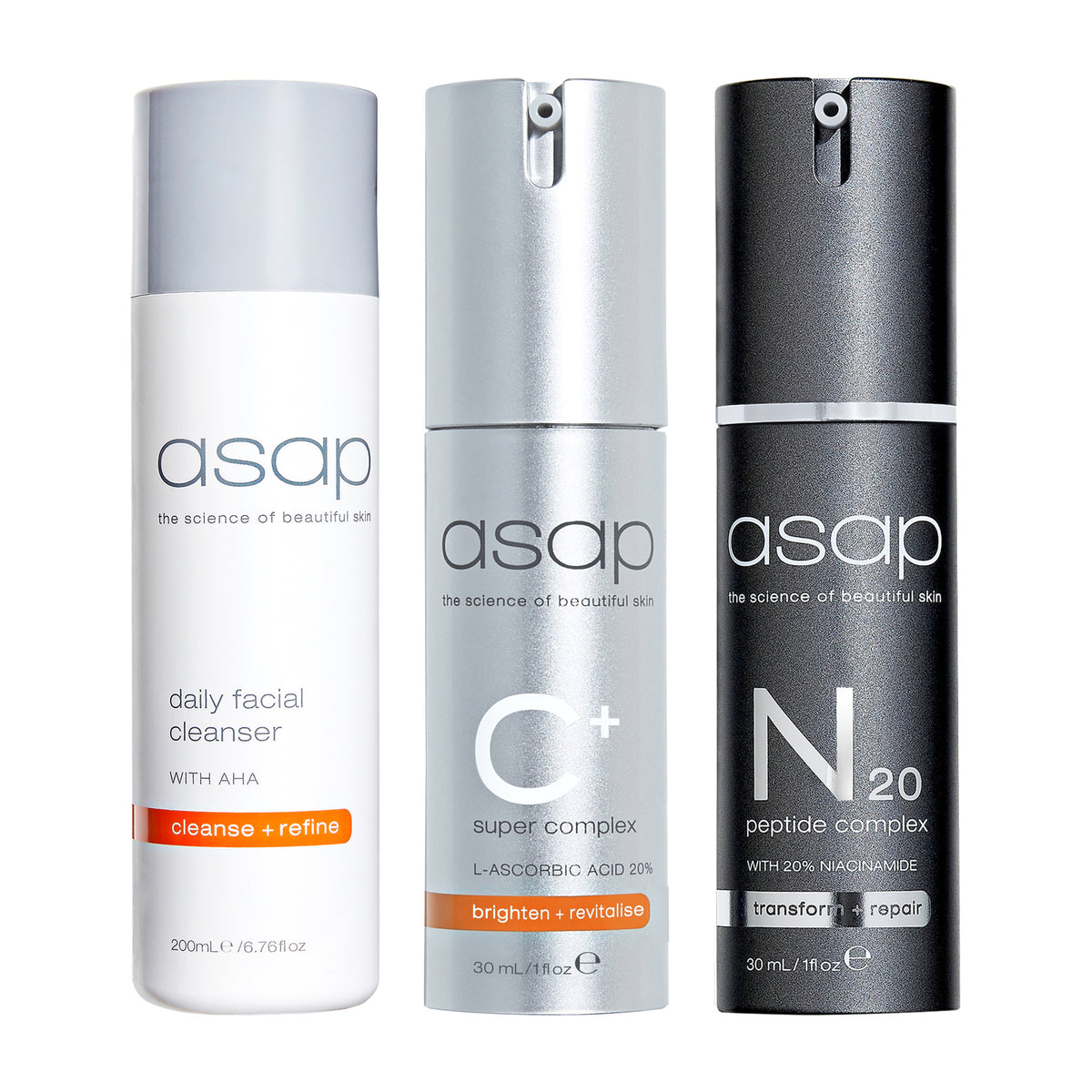 asap Daily Facial Cleanser 200ml + Super C+ Complex 30ml + N20 Peptide Complex 30ml Trio
