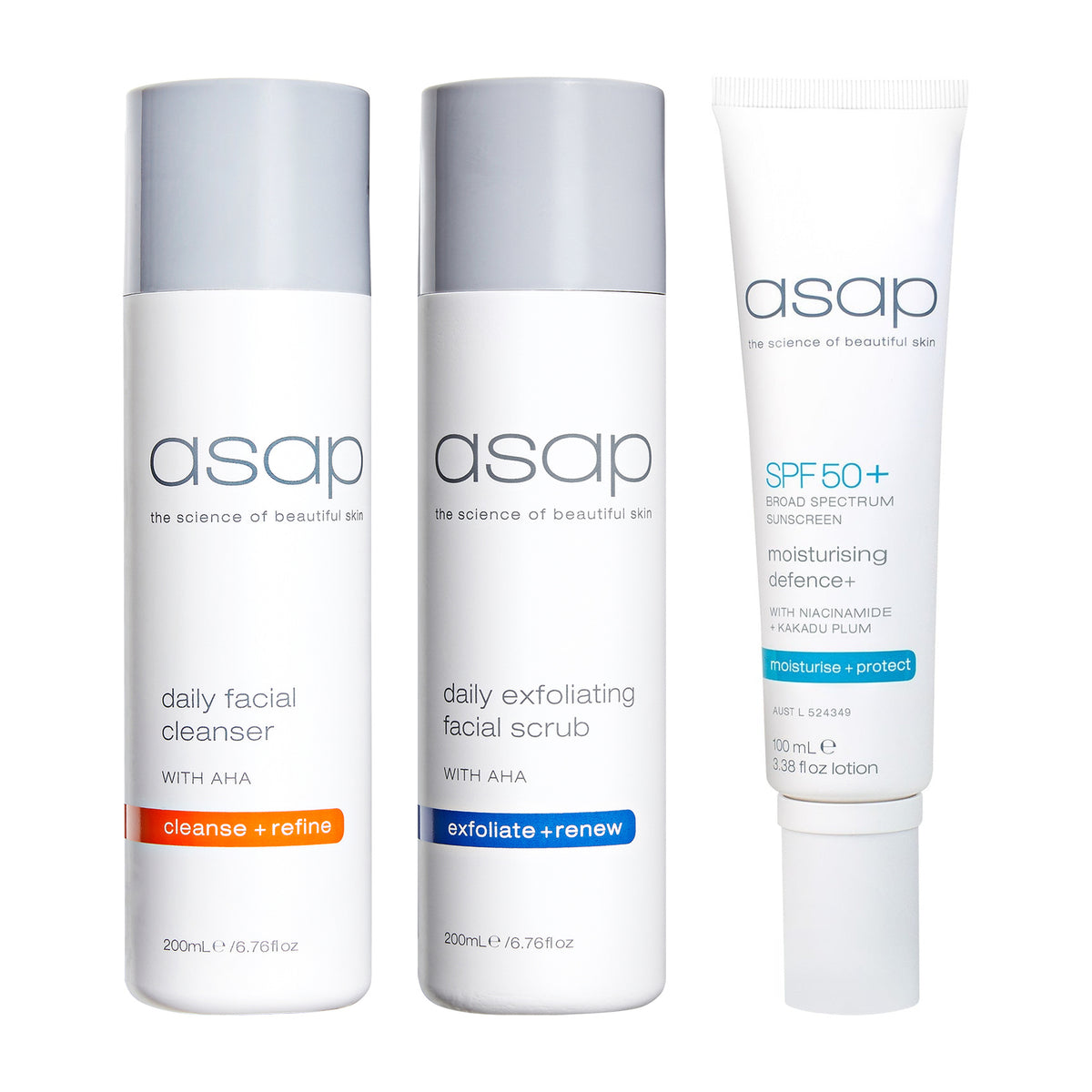 asap Daily Facial Cleanser 200ml + Daily Exfoliating Scrub 200ml + SPF50+ Moisturising Defence+ 100ml Trio