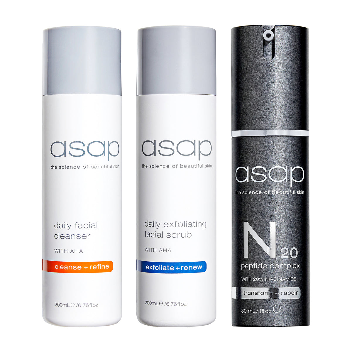 asap Daily Facial Cleanser 200ml + Daily Exfoliating Scrub 200ml + N20 Peptide Complex 30ml Trio