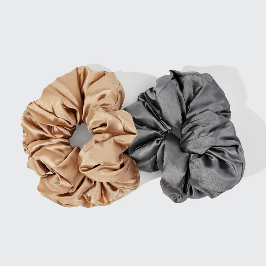Kitsch Satin Pillow Scrunchies 2pc Set - Charcoal & Gold