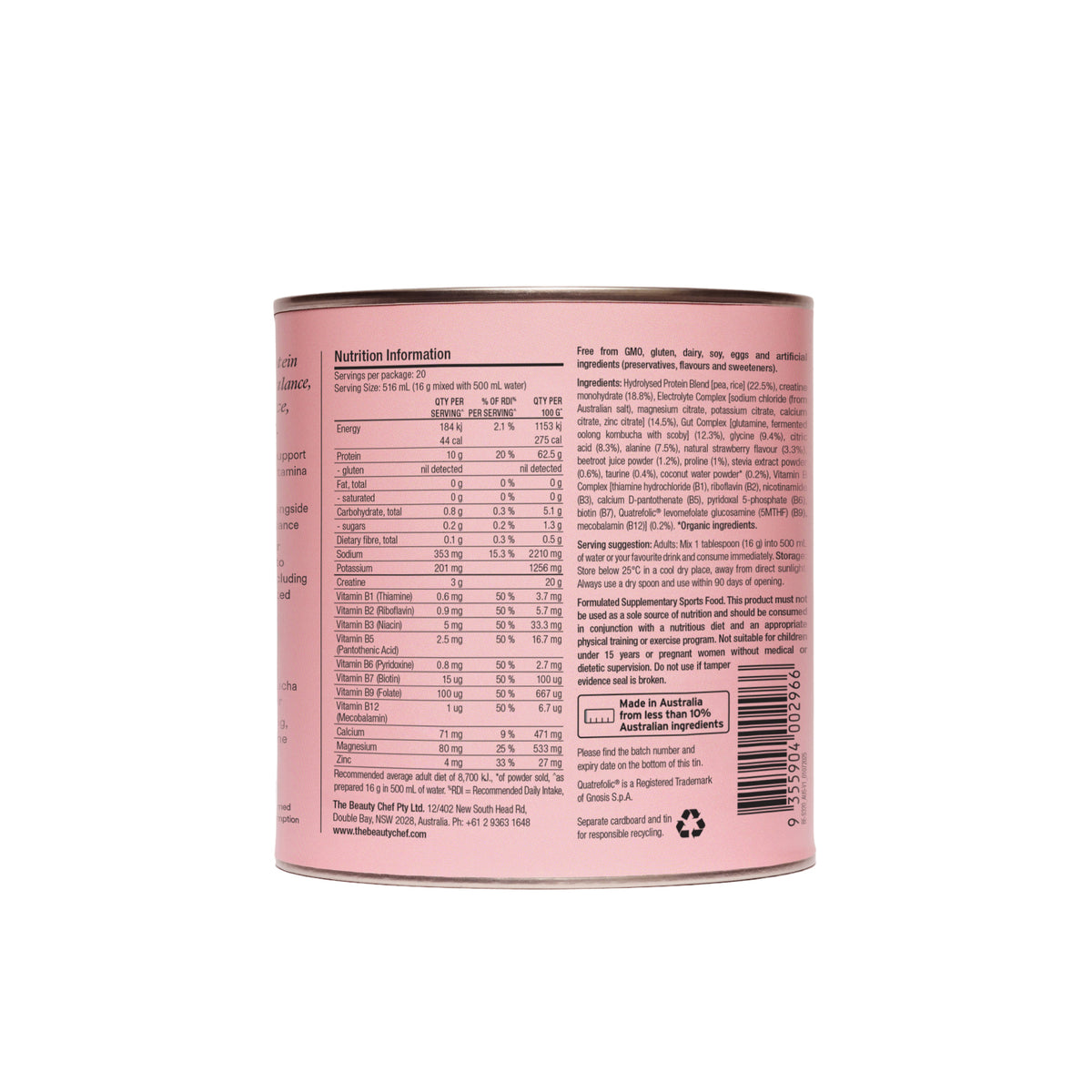 The Beauty Chef Body Electric 320g - back of pack with nutrition panel