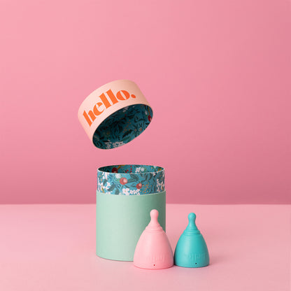 The Hello Cup Menstrual Cup Double Box S-M and L - Blue and Blush