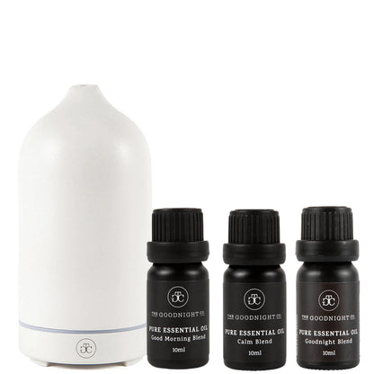 The Goodnight Co. Ceramic Diffuser and Essential Oil Trio - White