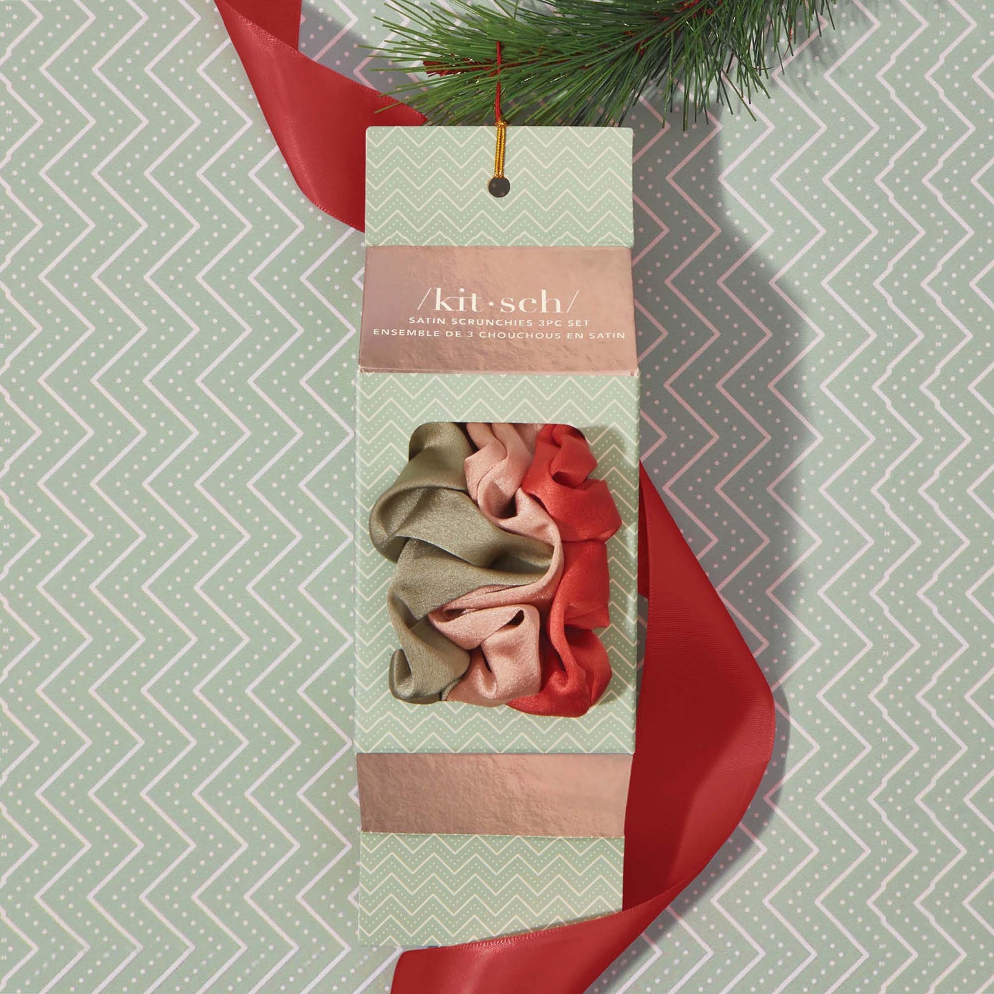 Kitsch Holiday Cracker Satin Scrunchies Set - Pinksettia