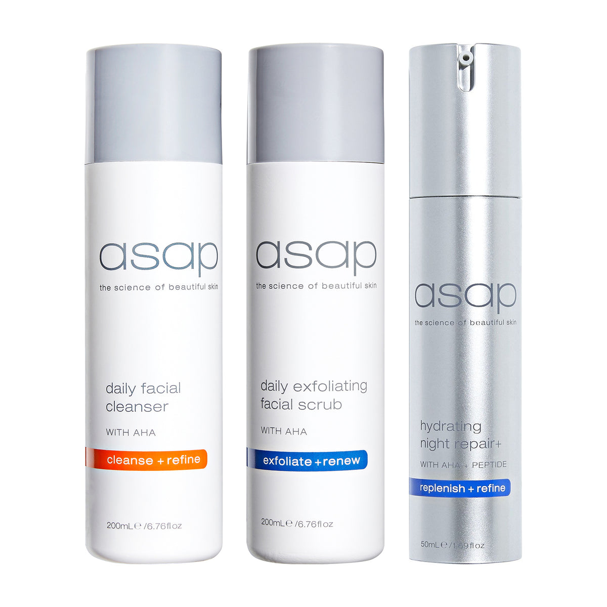asap Daily Facial Cleanser 200ml + Daily Exfoliating Scrub 200ml + Hydrating Night Repair+ 50ml Trio