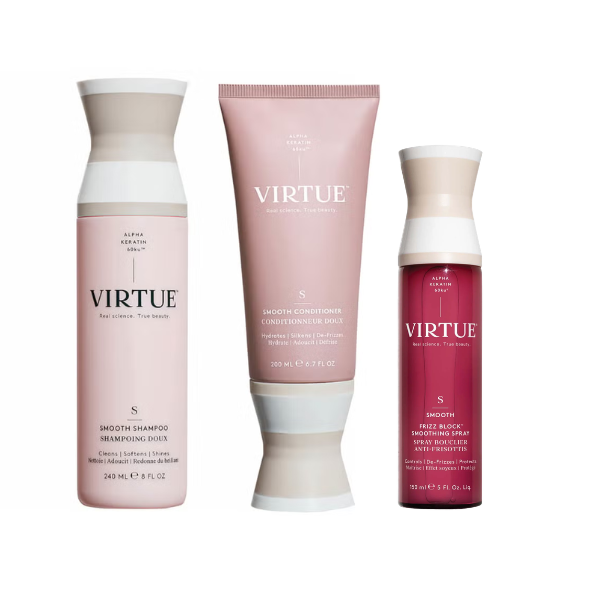 Virtue Smooth Shampoo, Conditioner + Frizz Block Smoothing Spray