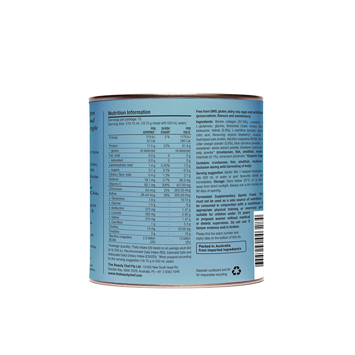The Beauty Chef Body Tone & Glow 281g - back of pack with nutrition panel