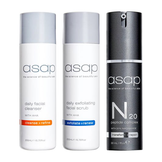 asap Daily Facial Cleanser 200ml + Daily Exfoliating Scrub 200ml + N20 Peptide Complex 30ml Trio