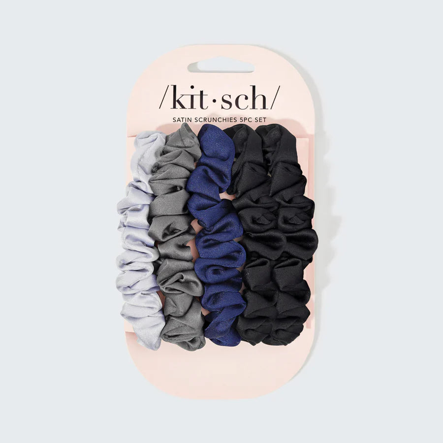 Kitsch Ruched Satin Scrunchies 5pc Set- Midnight