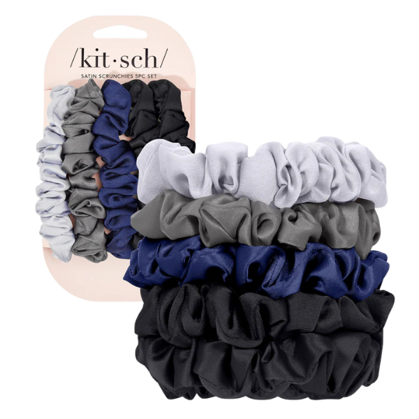 Kitsch Ruched Satin Scrunchies 5pc Set- Midnight
