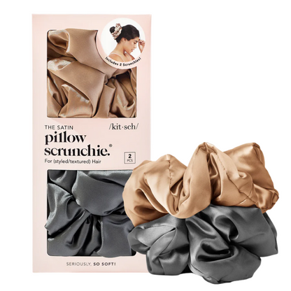 Kitsch Satin Pillow Scrunchies 2pc Set - Charcoal & Gold