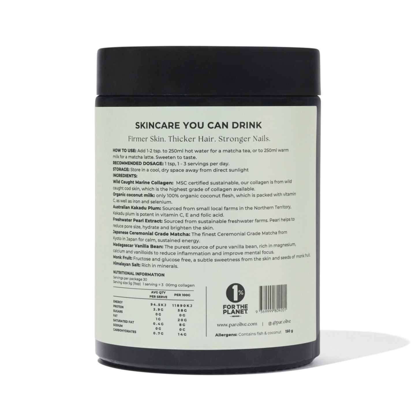 Par Olive PEARL Marine Collagen Superpowder - Japanese Matcha 150g