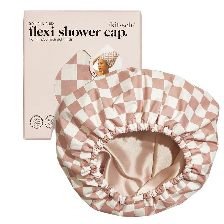 Kitsch Kitsch Satin-Lined Flexi Shower Cap - Terracotta Checker Hair Care [Health and Beauty]
