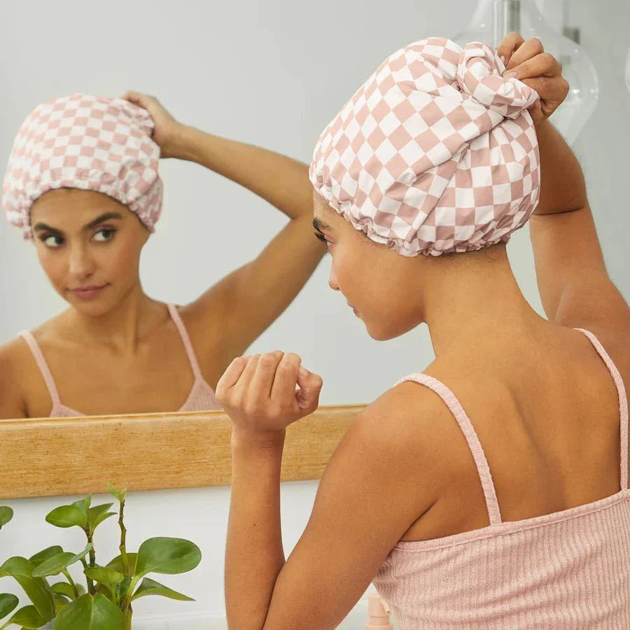 Kitsch Kitsch Satin-Lined Flexi Shower Cap - Terracotta Checker Hair Care [Health and Beauty]