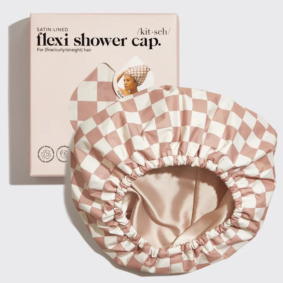Kitsch Kitsch Satin-Lined Flexi Shower Cap - Terracotta Checker Hair Care [Health and Beauty]