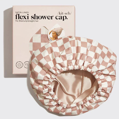 Kitsch Kitsch Satin-Lined Flexi Shower Cap - Terracotta Checker Hair Care [Health and Beauty]